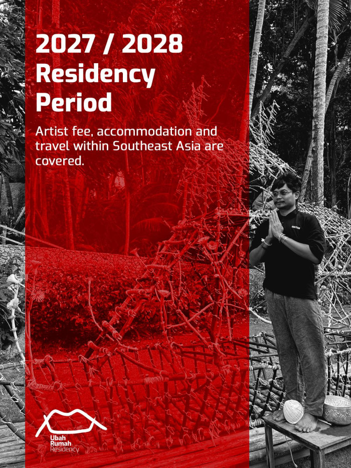 Title of the residency with a photo of someone standing near a jungle forest. 
