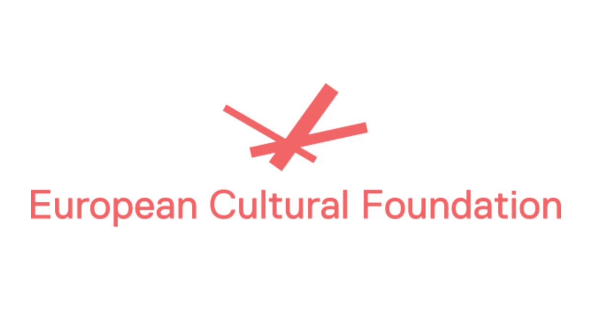 Red-orange logo for European Cultural Foundation. Name spelled out under graphic of three intersecting lines, looks like a sparkle, a campfire, an irregular asterisk... 