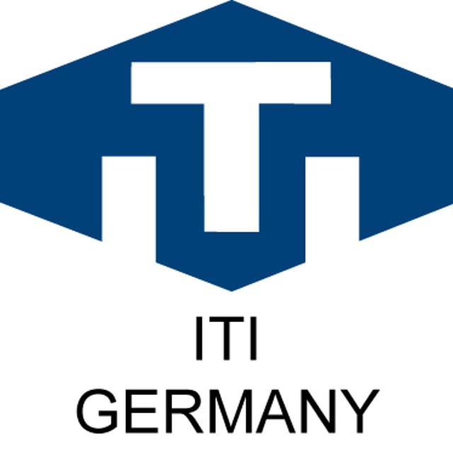 ITI Germany logo. A big chunky ITI rising through a badge-like blue hexagon.