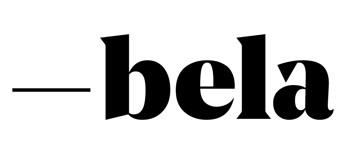The text Bela with a line, on a white background.