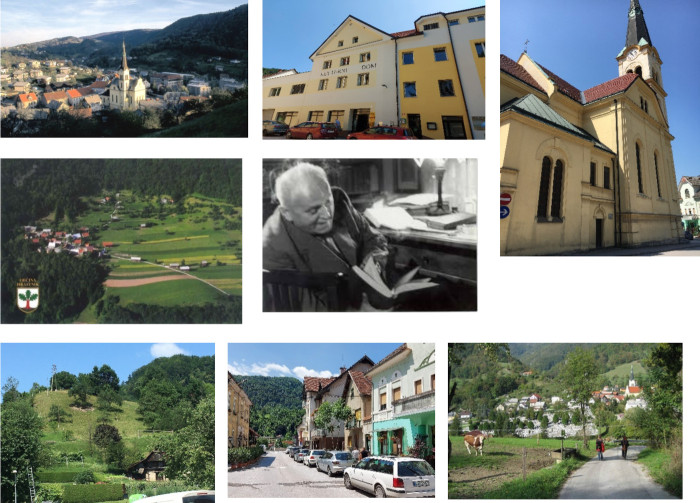 Composite images of Slovenian countryside and town - lots of nice green fields and woodland.