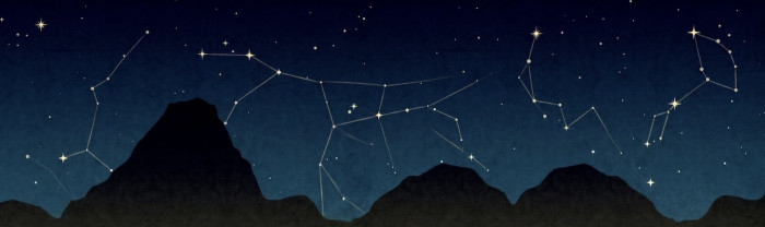 Stars linked with lines and an outline of a dark mountain. 