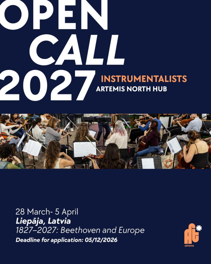 Text of the call with a photo of an orchestra. 