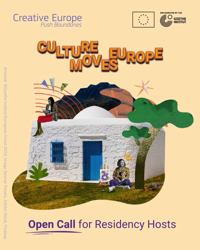 Text of the open call with an illustration of a Greek-style simple house. 