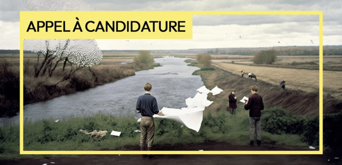 Title of the call with a photo of 2 people in a rural landscape with a river and flat plains. 