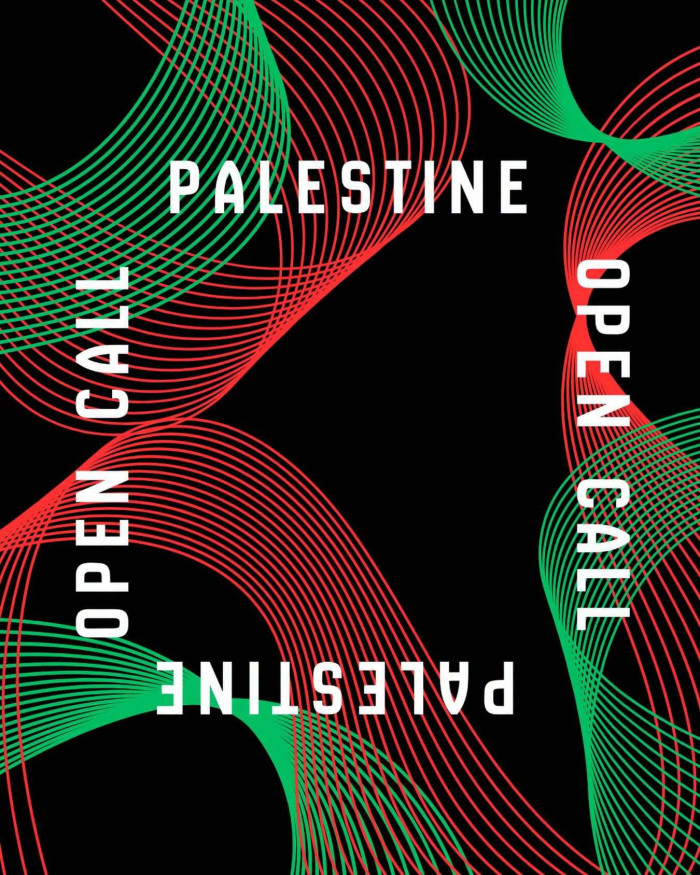 Title of the call with patterns in the colours of the Palestinian flag. 