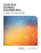 White symbolic shapes (an infinity sign, a sun, a notebook and pen) representing the sustainable development goals, appearing inside a blue-orange gradient.