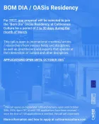 Text of the call on a coloured background with an image of a residency space. 