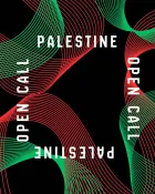 Title of the call with patterns in the colours of the Palestinian flag. 