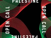 Title of the call with patterns in the colours of the Palestinian flag. 