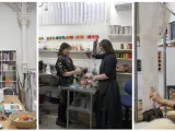 Three images of people working in creative spaces. 