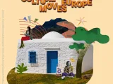 Text of the open call with an illustration of a Greek-style simple house. 