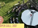Text from the call with a photo of an outdoor circus performance with an audience, seen from above. 