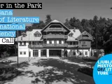 Title of the call on a photo of a 3-story traditional building surrounded by trees. 