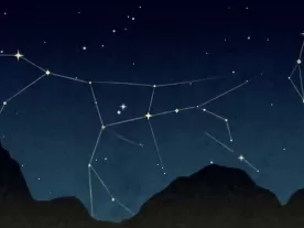 Stars linked with lines and an outline of a dark mountain. 