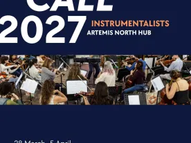 Text of the call with a photo of an orchestra. 