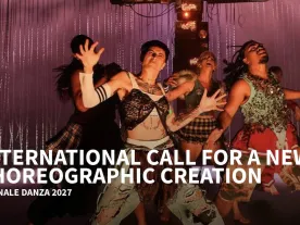 Title of the call with four people dancing in loud costumes. 
