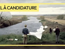 Title of the call with a photo of 2 people in a rural landscape with a river and flat plains. 